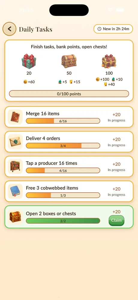 Daily tasks and reward chests