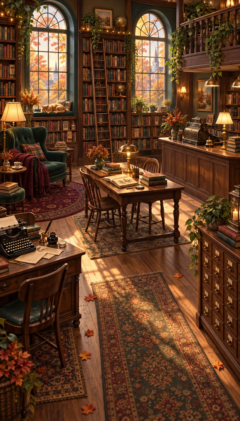 The restored bookshop, warm and bright